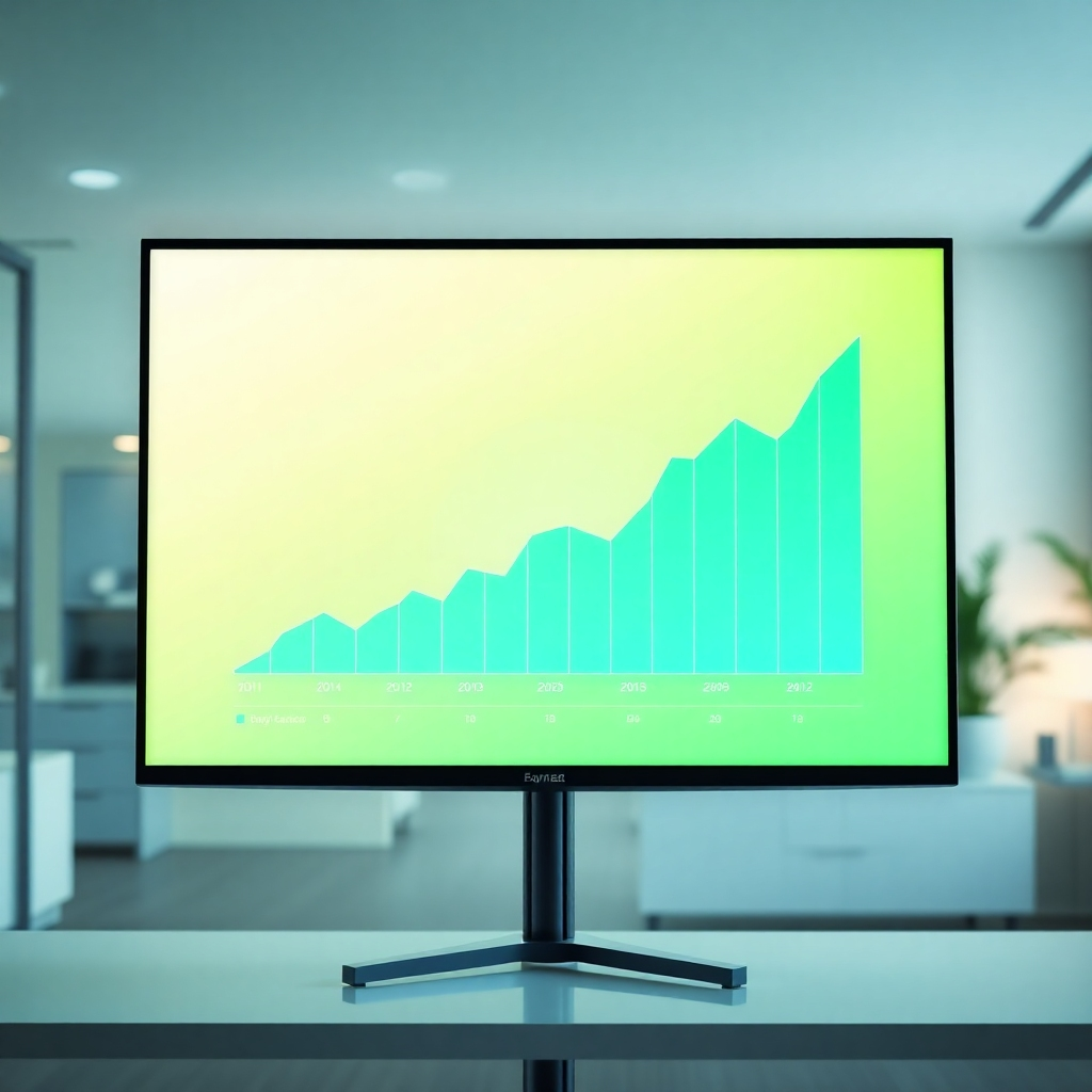 A photorealistic image, 8K resolution, hyperrealistic detail, depicting a graph showing a significant upward trend.  The graph is displayed on a large monitor in a bright, modern office. Soft, diffused lighting provides a clean and professional atmosphere.  The color palette consists of vibrant greens and blues, symbolizing growth and technology. The camera angle is slightly elevated, showing the monitor and part of the surrounding office, which should be sleek and modern with minimal clutter. The background is subtly blurred, drawing focus to the data visualization.  The texture of the monitor screen should be detailed, showing clear pixel-perfect graph lines and numbers. The overall mood should be positive, professional and results-oriented. The style should emulate the clarity and precision of data visualization seen in the work of Edward Tufte, showing that the growth indicated is from a professional SEO campaign. The graph should feature key metrics like organic traffic, keyword rankings, and conversions to highlight the success of the AI-powered optimization.