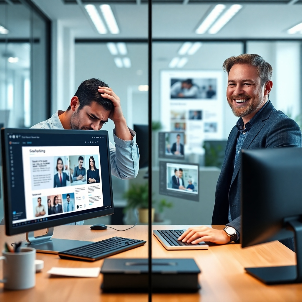 A photorealistic image depicting a split screen: one side shows a person painstakingly designing a website using traditional methods, looking stressed; the other shows a person effortlessly creating a website using AI, smiling and relaxed.  Both screens display the same website in progress, highlighting the difference in workflow.  The AI side should feature a sleek, modern interface with AI-powered suggestions and design elements.  Use bright, clean lighting and a modern office setting.