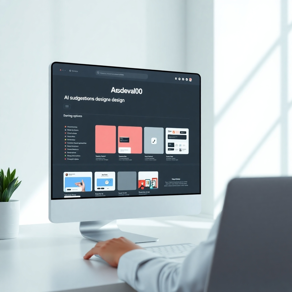  A photorealistic image depicting a clean, modern website design interface with an AI assistant suggesting design options. The AI suggestions should be presented as visual thumbnails of different website layouts, color schemes, and design elements. The overall style should be sleek and professional, highlighting the AI's helpfulness.