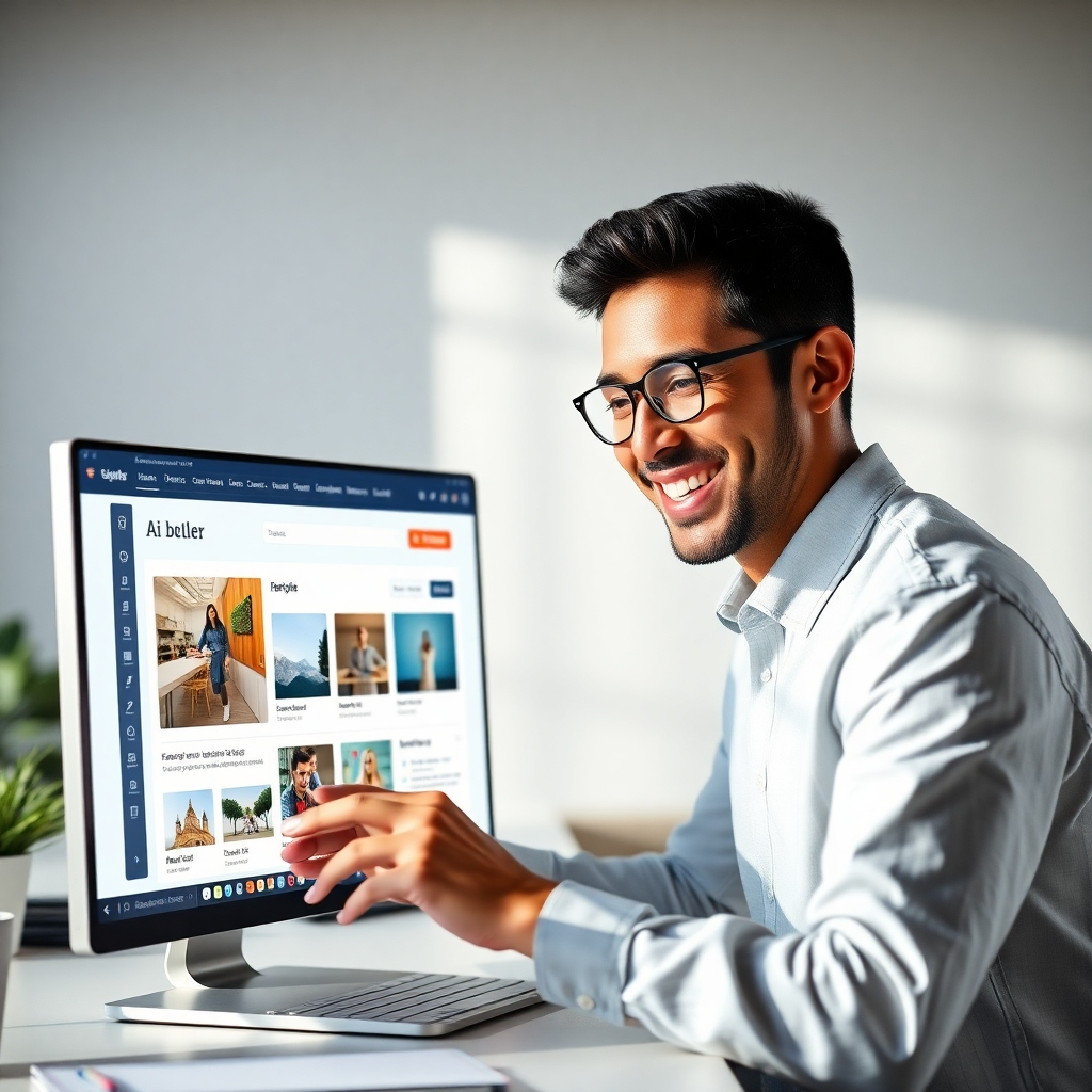  A photorealistic image of a person smiling and easily dragging and dropping website elements (images, text blocks, buttons) onto a screen using a sleek, modern AI website builder interface. The background should be a clean, bright workspace with natural light. The overall mood should be one of ease and efficiency.