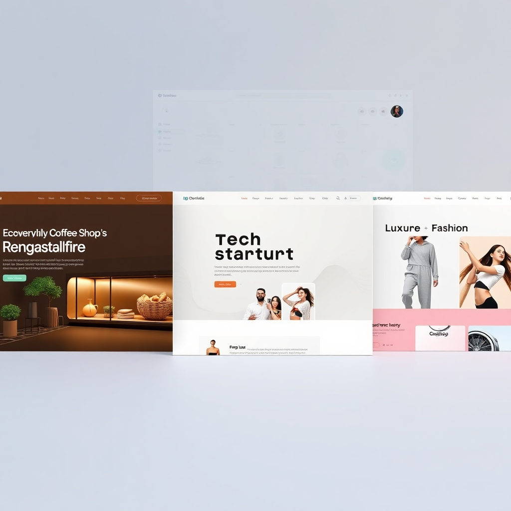 A photorealistic image showcasing three distinct website designs, each strikingly different, yet all professionally designed.  Each website should have a short tagline indicating its purpose (e.g., 'Eco-Friendly Coffee Shop', 'Tech Startup', 'Luxury Fashion Brand').  In the background, subtly, display the interface of an AI website designer showing customization options and a user selecting different design choices. The overall aesthetic should be modern and clean, emphasizing the diversity of AI-generated websites.