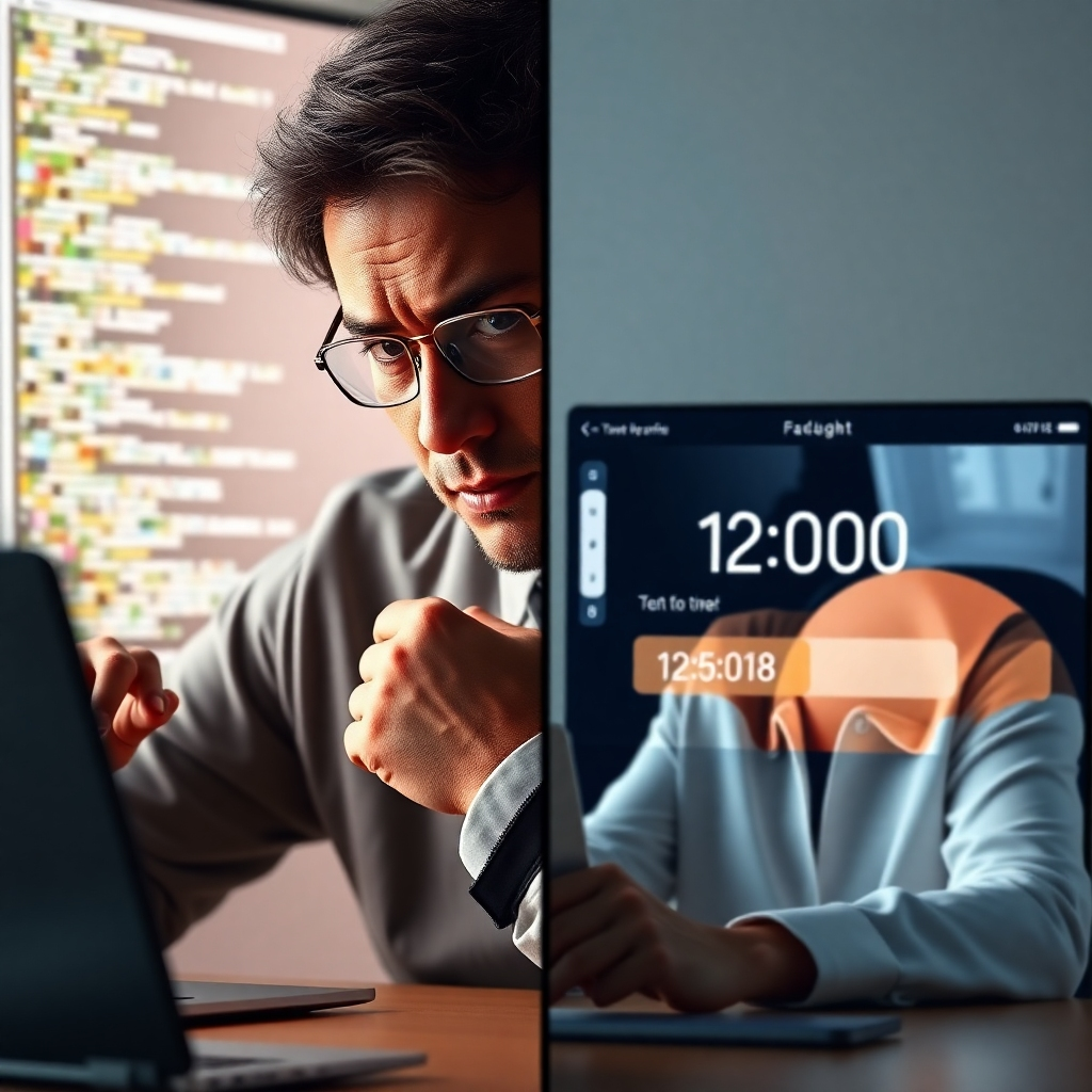  A photorealistic image showing a split screen. One side shows a person struggling with complex website code, looking stressed. The other side shows a person effortlessly creating a beautiful website using an AI-powered website builder, with a timer showing significantly less time spent. The image should emphasize the speed and efficiency of AI website design.