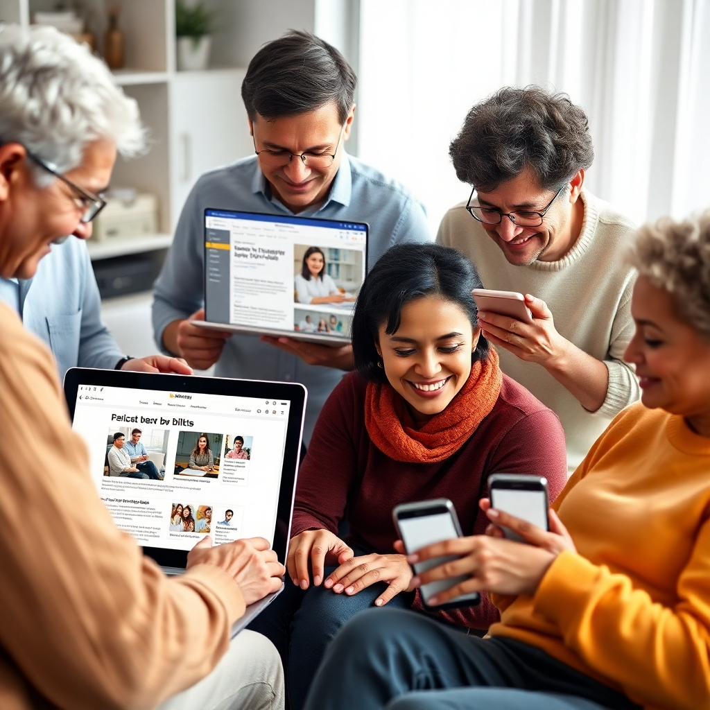 A photorealistic image showing diverse people of different ages and abilities interacting positively with different websites on various devices (laptop, tablet, smartphone). The website designs should feature clear fonts, high contrast, and intuitive navigation, highlighting the accessibility features.  The background should subtly showcase the AI website designer interface, emphasizing accessibility settings and automated checks for compliance.